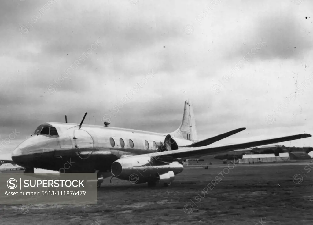 Franborough Showpiece -- Two Rolls-Royce Tay jet engines provide the power for this Vickers Viscount which has been built for the Ministry of Supply for research and development. It is one of about 60 different types of civil ad military plane taking part in the air display being staged here by the society of British Aircraft constructors. September 05, 1950.;Franborough Showpiece -- Two Rolls-Royce Tay jet engines provide the power for this Vickers Viscount which has been built for the Ministry