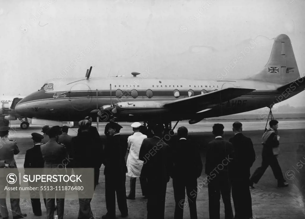 Our Latest Aircraft -- The "Vickers Viscount" being inspected at Northolt airport today. British European Airways has opened negotiations with Vickers-Armstrong Ltd. for the purchase of a number of Viscount V-700 commercial aircraft - one of the most outstanding aircraft flying today - it was announced at a luncheon at Northolt Airport today. The Viscount is expected to be the first airliner in the world powered by "prop-jets" to go into service on an airline The first of them landed at Northolt