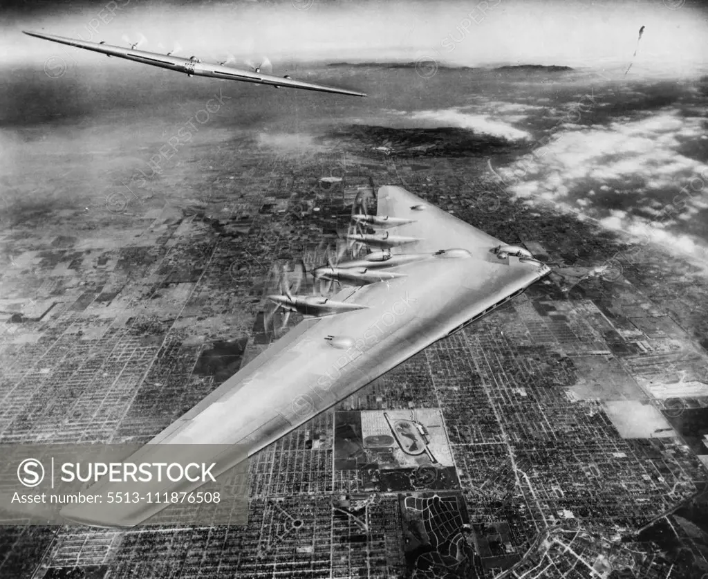 Shown here is an artist's conception of the Northrop Flying Wing XB-35 in flight over Los Angeles. Top of the picture is south and directly under the Flying Wing is the famed Hollywood Park Race Track. Northrop Field, home of the Northrop Flying Wing XB-35, is approximately at the center of the picture blocked out by the view of the bomber. Front view of the big bomber at upper left illustrates how little area the big ship presents to the air in flight. May 26, 1947. ;Shown here is an artist's c