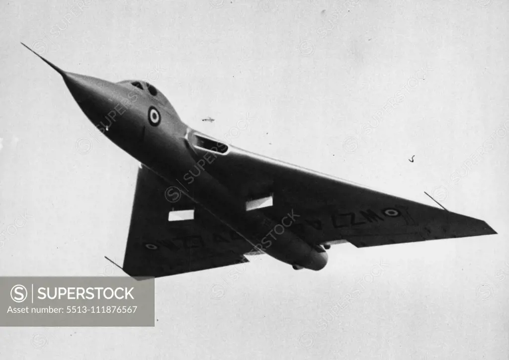 Flying Display And Exhibition Opens Today At Farnborough Aerodrome, Hants -- One of the Avro type 707 Delta-wing research aircraft seen in flight during the Farnborough display. Large crowds to-day attended the 1953 Flying Display and Exhibition, showing the products of the members of the Society of British Aircraft Constructors, which opened to-day at Farnborough Aerodrome, Hants. September 7, 1953. (Photo by Fox Photos).;Flying Display And Exhibition Opens Today At Farnborough Aerodrome, Hants