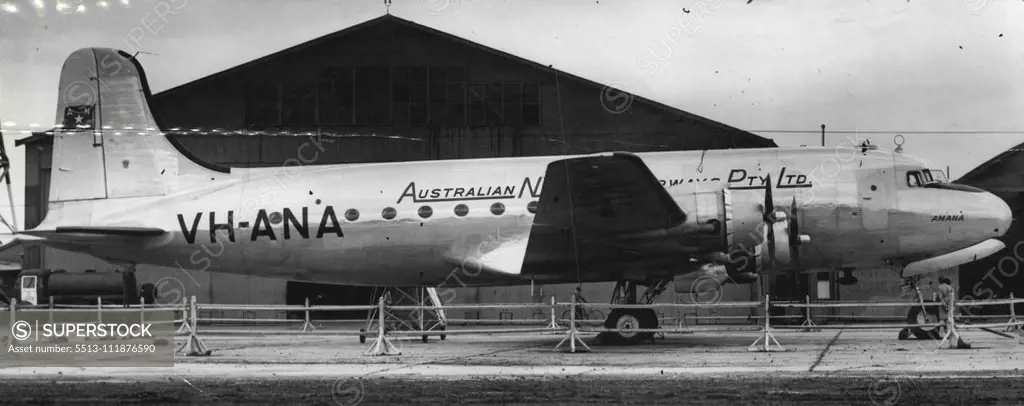 Skymaster plane at Essendon Aerodrome today. February 11, 1946. (Photo by Pictorial Department);Skymaster plane at Essendon Aerodrome today.