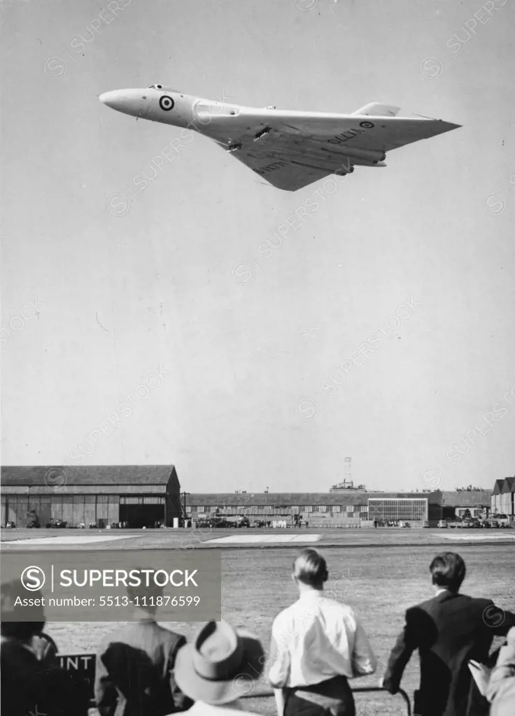 The Vulcan Shows Its Paces -- Flashing over the crowd at the flying display and exhibition here is the A.V. Roe Delta Vulcan, a four jet-engine bomber, which is in 'super-priority' production for the R.A.F. The Society of British Aircraft Constructors' show officially opens tomorrow, although the public will not be admitted until Friday. September 7, 1953. (Photo by United Press Photo).;The Vulcan Shows Its Paces -- Flashing over the crowd at the flying display and exhibition here is the A.V. Ro