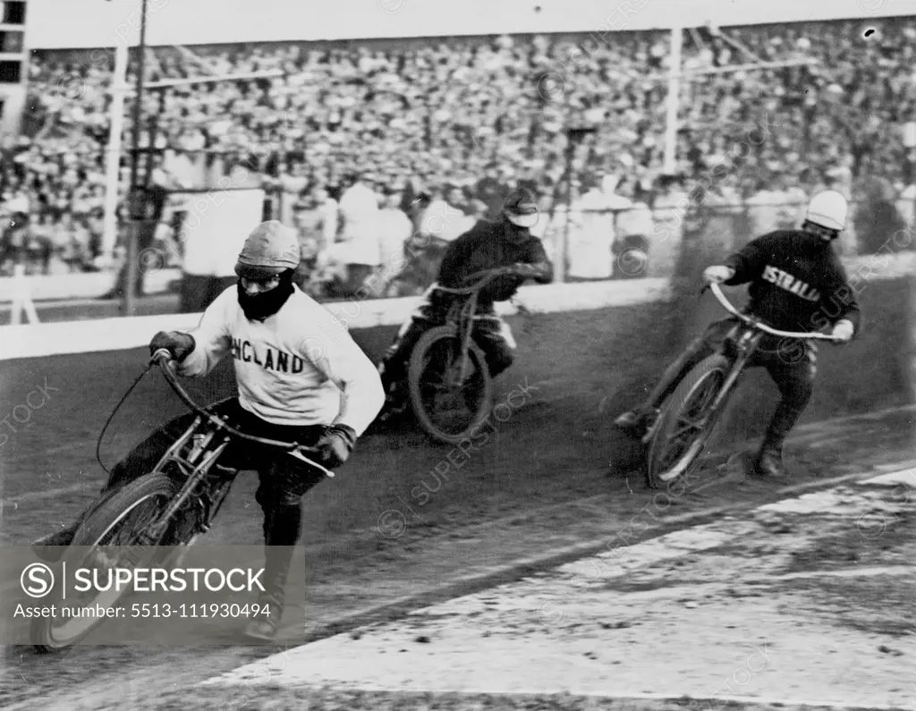 Australia Wins 97th. Speedway Test: Eric French (England), winner of Heat 2, leading Graham Warren (Australia) and Ken Le Breton (Australia). Before a crowd of 52,731 Australia beat England by 60 points to 47 at West Ham Stadium, London, last night in the 97th. Speedway Test. Two Second Division riders from Scottish clubs -- Ken Le Breton (Ashfield, Glasgow and Jack Young (Edinburgh) helped them to win. After five heats Australia were seven points down; than Young, brought in as a substitute for