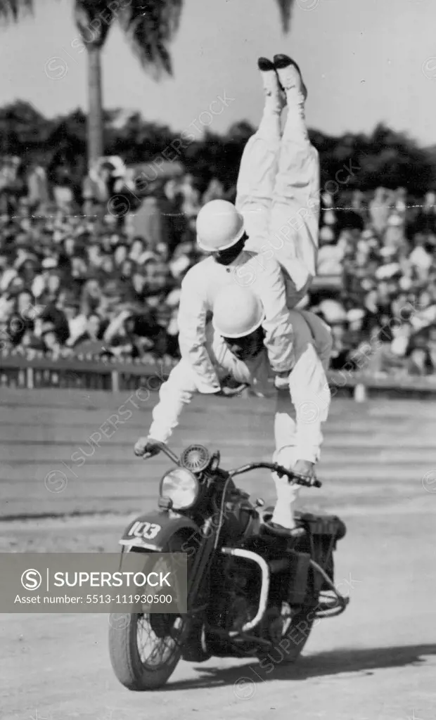 ***** motor cycle display by members of the Army Technical ***** Ingleburn, N. S. W. at the Brisbane exhibition today. August 07, 1950. (Photo by The Courier-Mail).