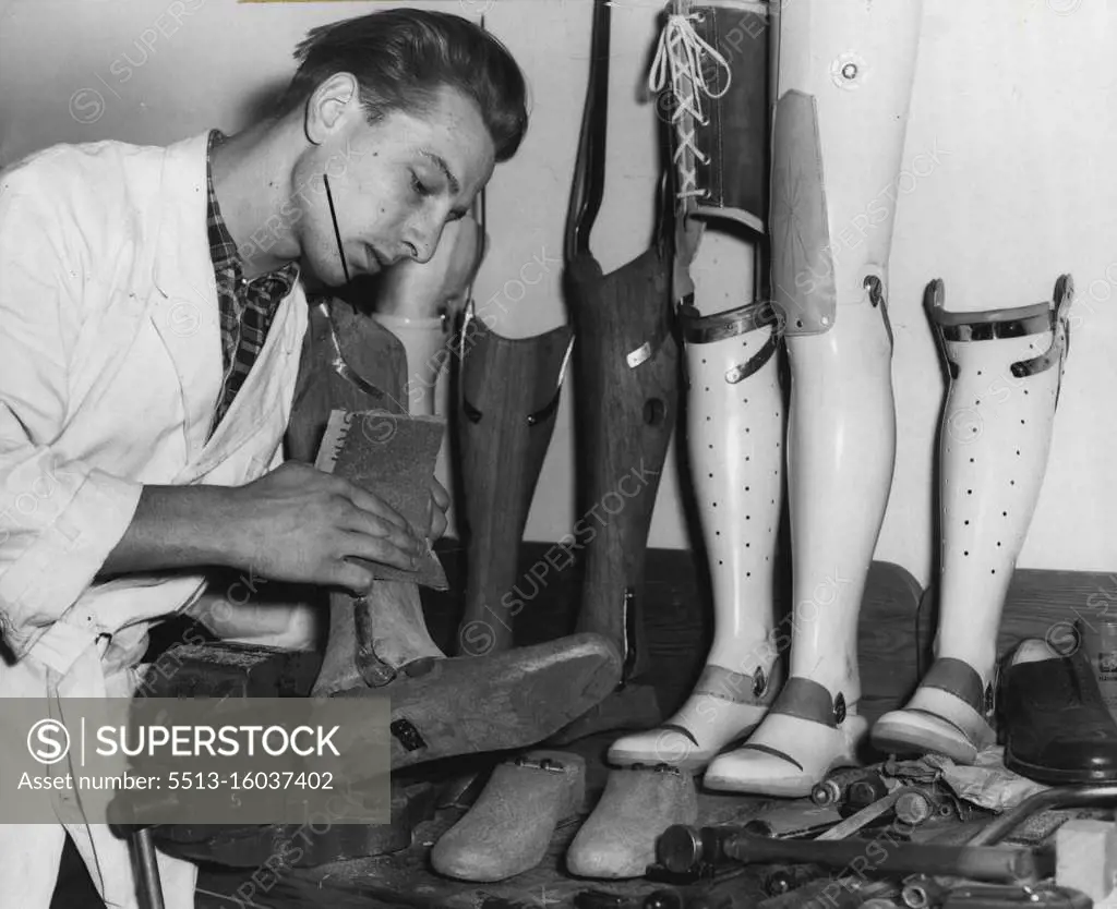 Artificial Limb Specialists -- Mr. Gunter Kairies of Herne Bay, an orthopedic mechanic (or artificial limb maker) working on a leg at the A.L.A. Co. at Carlton. November 02, 1955. (Photo by George Lipman/Fairfax Media).