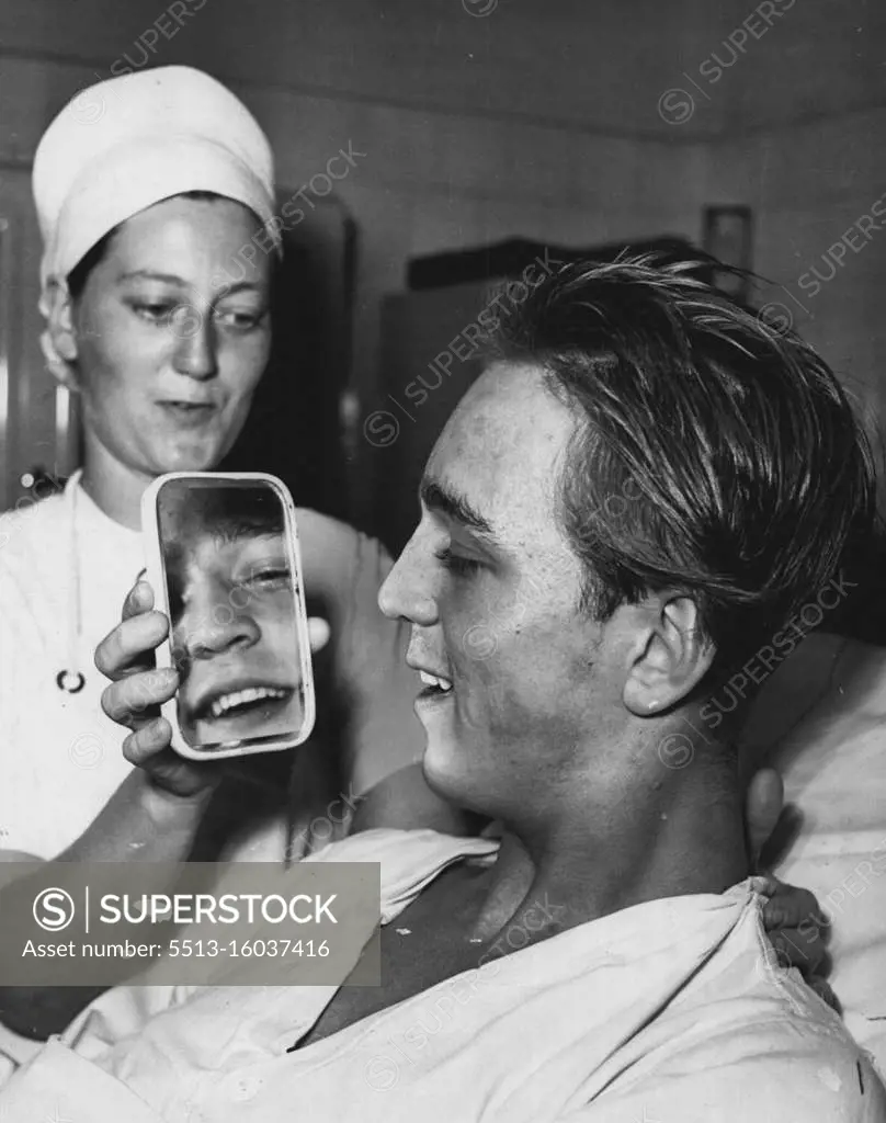 The New Nose -- Less than a minute after operation began, patient sit up, smiles at nurse, is pleased with new nose. February 26, 1955. 