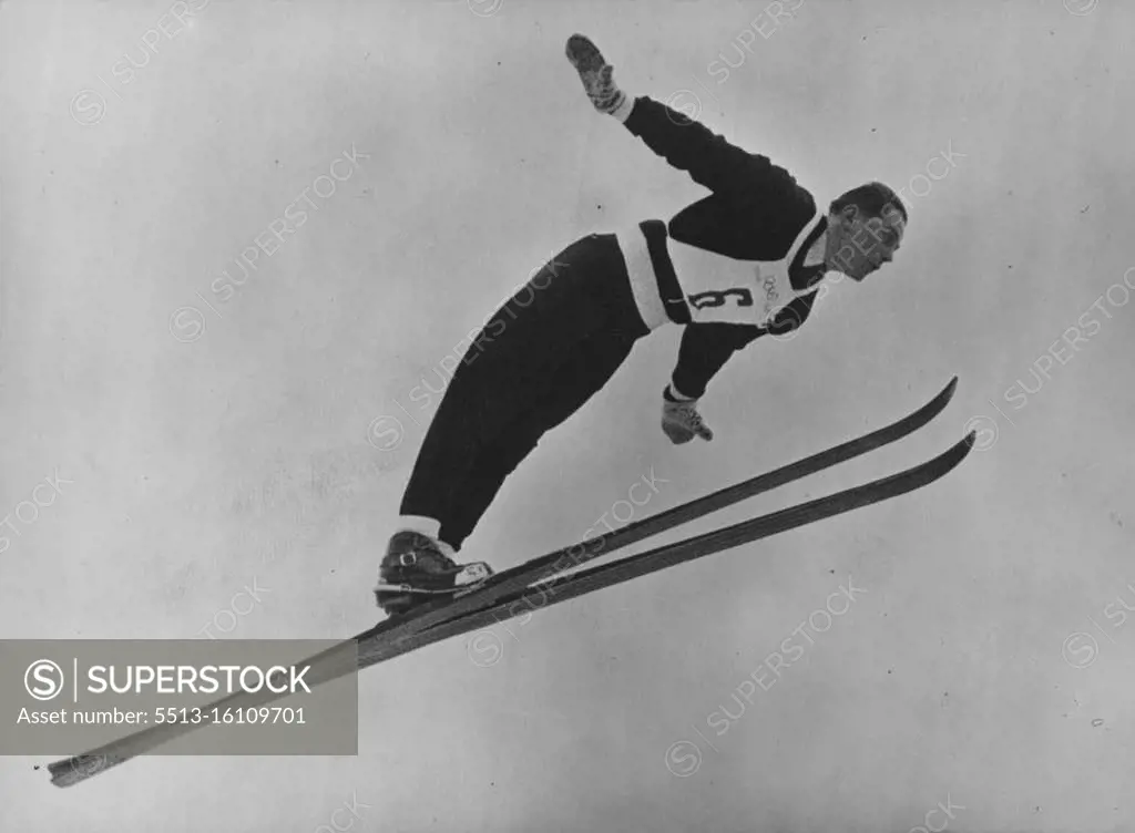 The Winter Olympic Games - Gold Medalist Aloft - Arnfinn Bergmann (Norway) won the Olympic Gold Medal by his ski-jump on February 24th. Here he is Aloff during his victory jump at Holmenkollen, Oslo. February 27, 1952. (Photo by Paul Popper).