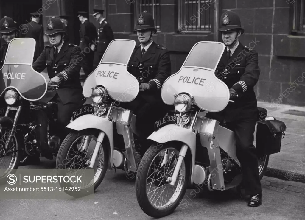 Mechanised On The Beat Two members of the new patrols seen at Scotland Yard today. They are (left to right) B.C. Eric Grabb of Walthamstow and P.C. Raymond Baldwin of Finchley. Their motorcycles, with silent engines, have the word "Police" across the windscreens. The vehicles being used in this new scheme are velocette L.E. and Triumph Terrier. The patrols will operate in Norwood Green, Finchley, Croydon and Walthams tow. Sixty policemen riding lightweight motorcycles are to begin a new type of patrol in four London areas, each man covering several of the beats normally patrolled by a foot policeman. September 16, 1955. (Photo by Fox Photos).