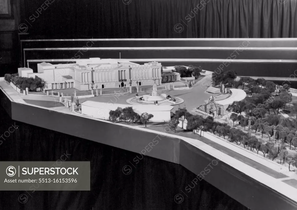 Models of The Coronation Route on View. Model of a general view of Buckingham Palace, showing the Stands erected. The Mall is on the right. A Conference was held this morning at Church House Assembly Hall, Westminster, when the Minister of Works, the Rt. Hon. David Eccles, M.P., gave details of the scheme for decoration of the Coronation route, for which the Ministry of Works is responsible. A number of models and drawing were on view. February 17, 1953. (Photo by Fox Photos).