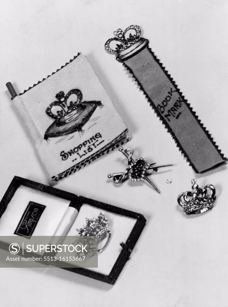 Jewellery in the shape of crowns and crossed swords, a suede-covered shopping list, and a book-mark, both bearing crowns, are on sale at Farmer and Co. Ltd., Sydney. May 15, 1953.