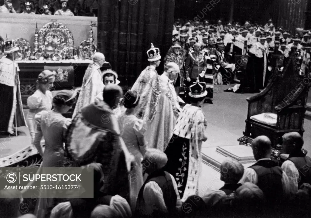 A scene in Westminster Abbey during the Coronation of King George VI. The King and Queen are standing before King Edward's Chair beneath which lies the Stone of Scone. It is in this Chair that Queen Elizabeth II will sit as she is crowned. May 01, 1953. (Photo by Daily Mirror).