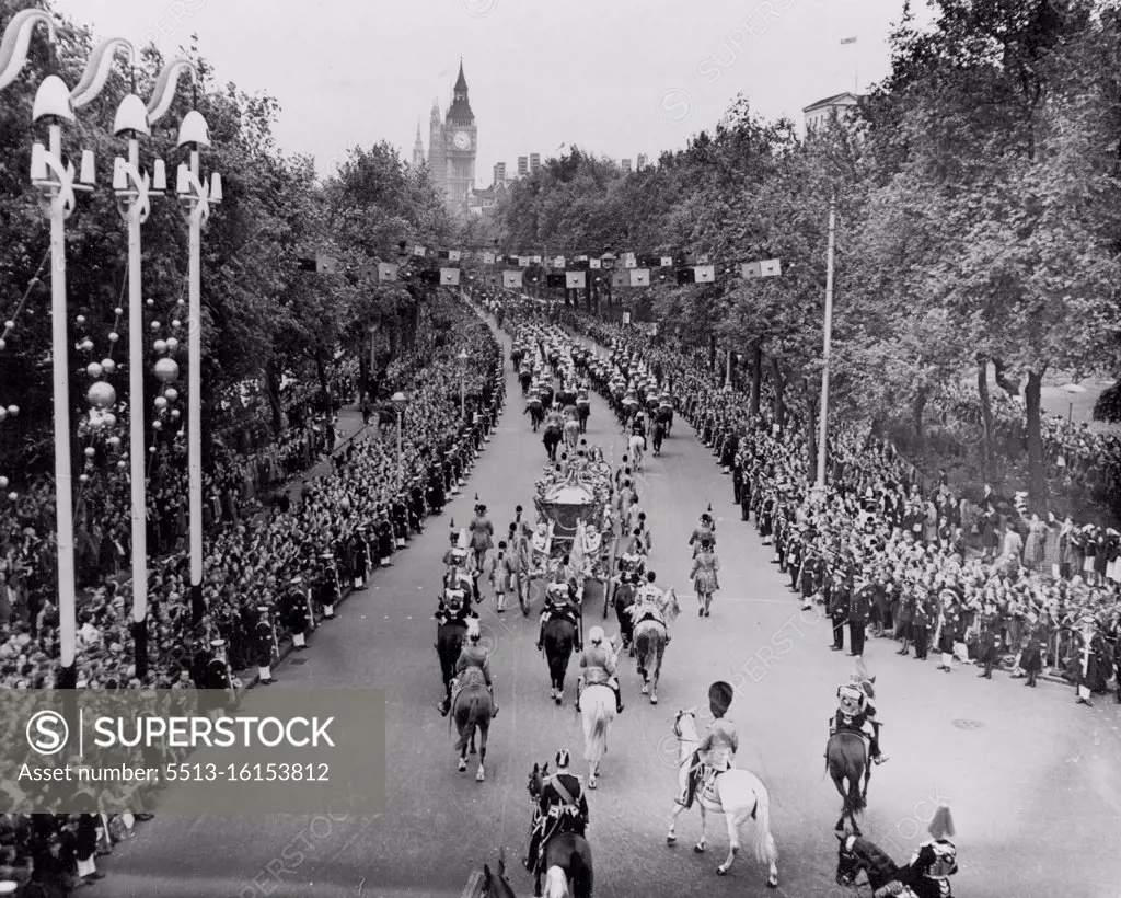 Schoolchildren Cheer The Queen -- Youngsters cheer as the Queen and Duke of Edinburgh, in the Golden State Coach, drive along the Embankment towards Westminster (in tack ground) for the Coronation. June 02, 1953. (Photo by United Press Photo).