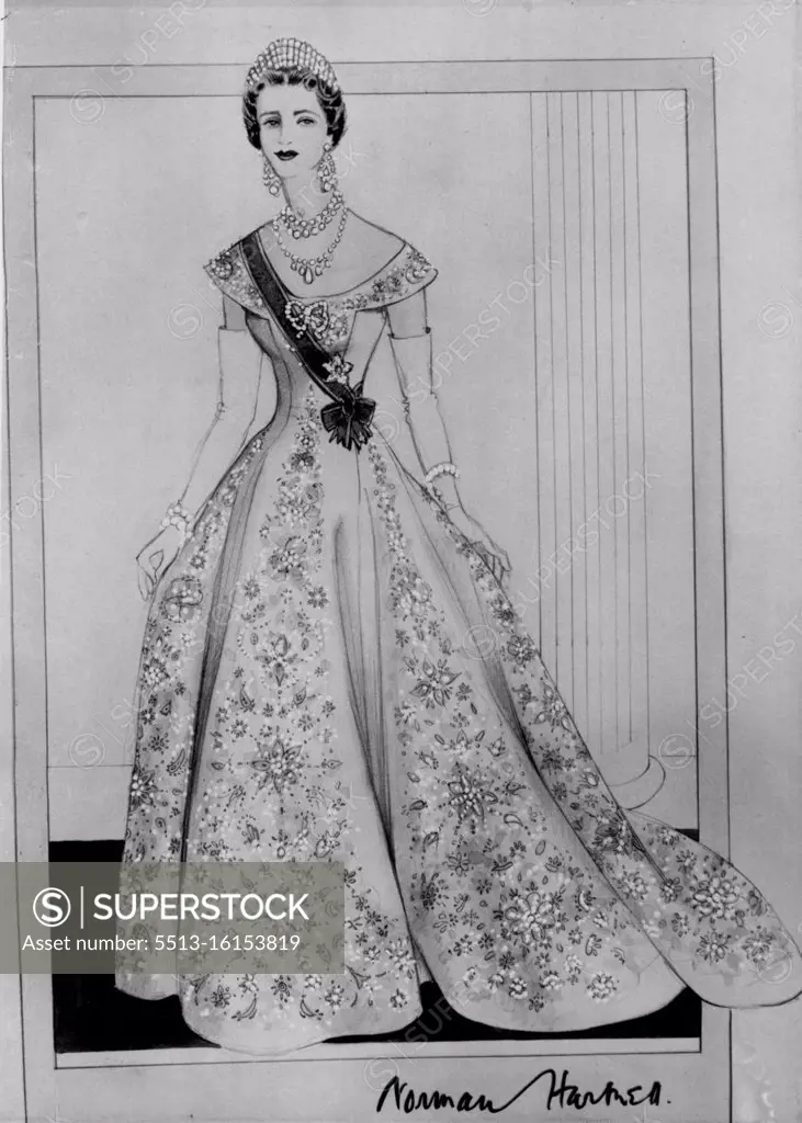 Coronation Gown For Duchess -- Norman Hartnell's sketch of the Coronation dress he designed and created for the Duchess of Kent.It is a grown of ivory satin with slim fitted bodice ad flowing skirt. It is embroidered with slim fitted bodice and flowing skirt. It is embroidered with a design of gold motifs encrusted with diamante, pearls, gold thread and silver. June 01, 1953. (Photo by Planet News Ltd.).