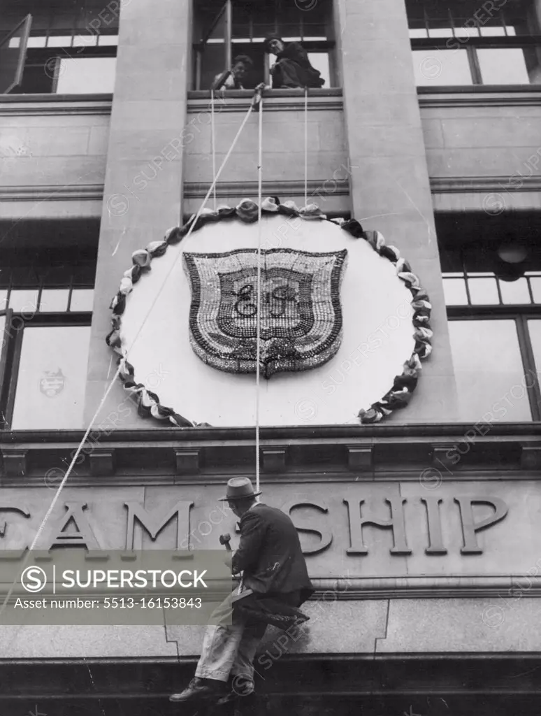 The 4000-piece crystal Coronation cipher on the front of the Union Steamship Co. in William Street was first used to decorate the company's offices for Queen Victoria's Jubilee in 1897. June 3, 1953.