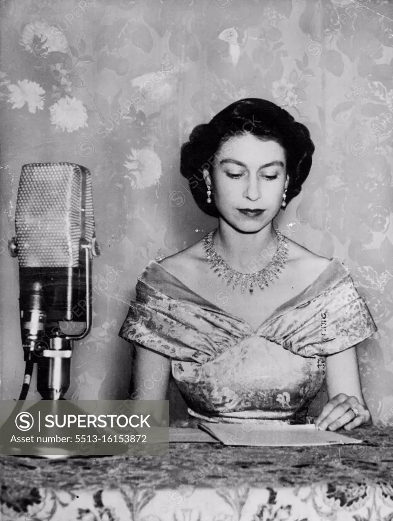 Queen ***** At Christmas -- Her Majesty the Queen at the mircorphone. Following the tradition by her grandfather and maintained by King ***** is to broadcast at a Christmas ***** from Sandringham on the afternoon *****. March 17, 1953.