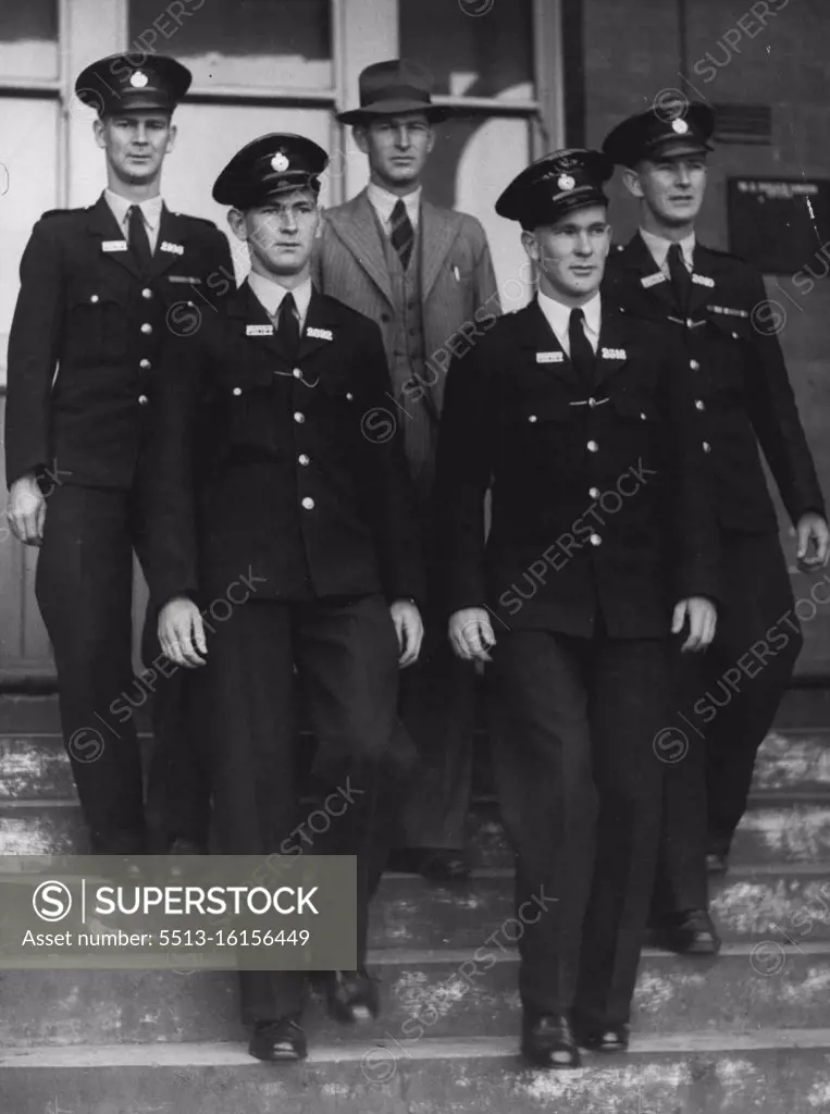These five brothers have established what is probably a record for Australian police. They have all joined the WA police force in the last 10 years -- For of them since world war 11. They are from left: Constable W. E. (Bill) Eaton (31), Constable C. H. (Clarrie) Eaton (21), Detective T. E. (Tom) Eaton (33), Constable O. H. (Bert) Eaton (23) and Constable J. J. (Jack) Eaton (27), Tom joined the force in 1939; was in CIB work during the war. Jack (A POW for 3 years), Bill and Bert also saw service and Clarrie was in the ATC when the war finished. The two younger brothers joined on the same day, went through the police school together and graduated on the same day. August 17, 1949.