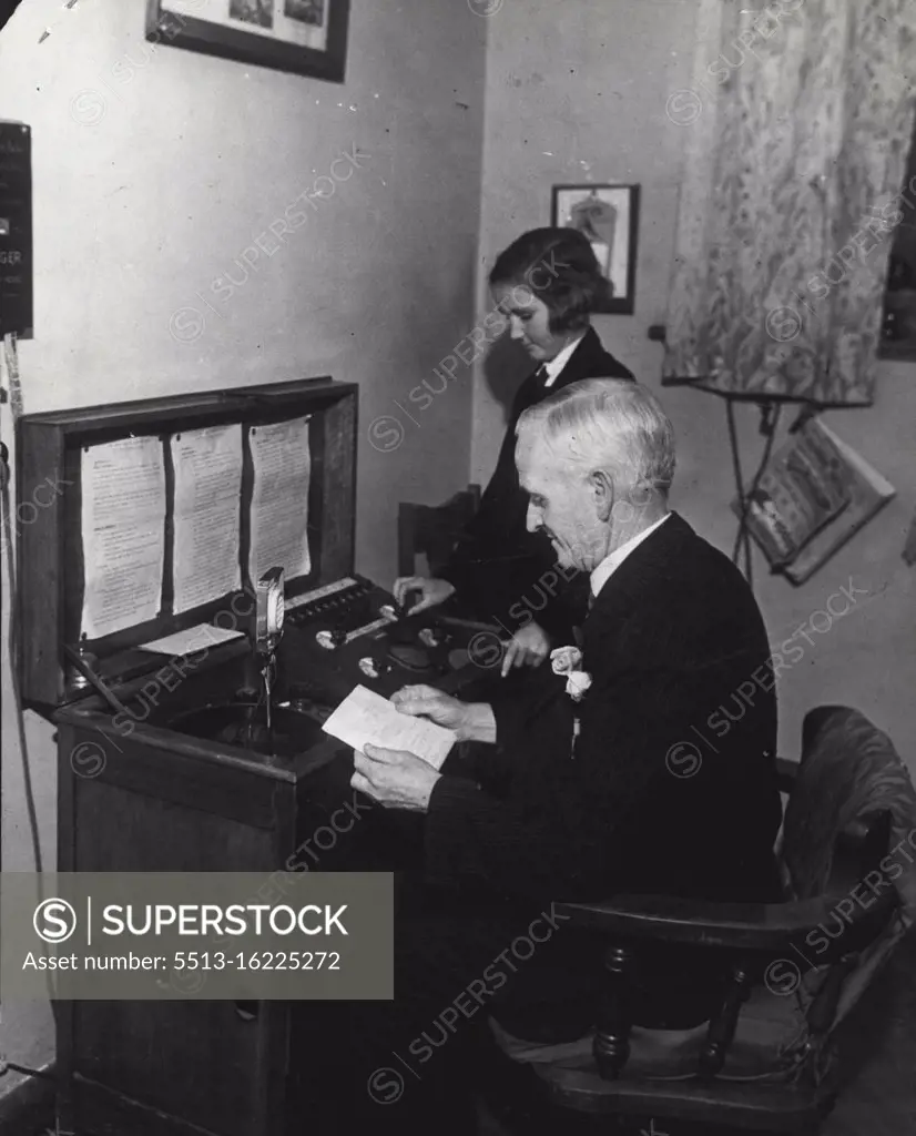 Mr. Wilson Headmaster Carrington Grove State School, broadcasting from wireless set. April 11, 1938.