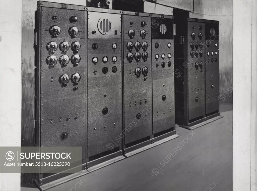 Main Receiving Hall of Sydney Radio Centre of Amalgamated Wireless (A'sia) Ltd., La Perouse. Overseas Interception Receivers. (Locks comprise 3 complete receivers). December 11, 1939. (Photo by G.H. Hood).