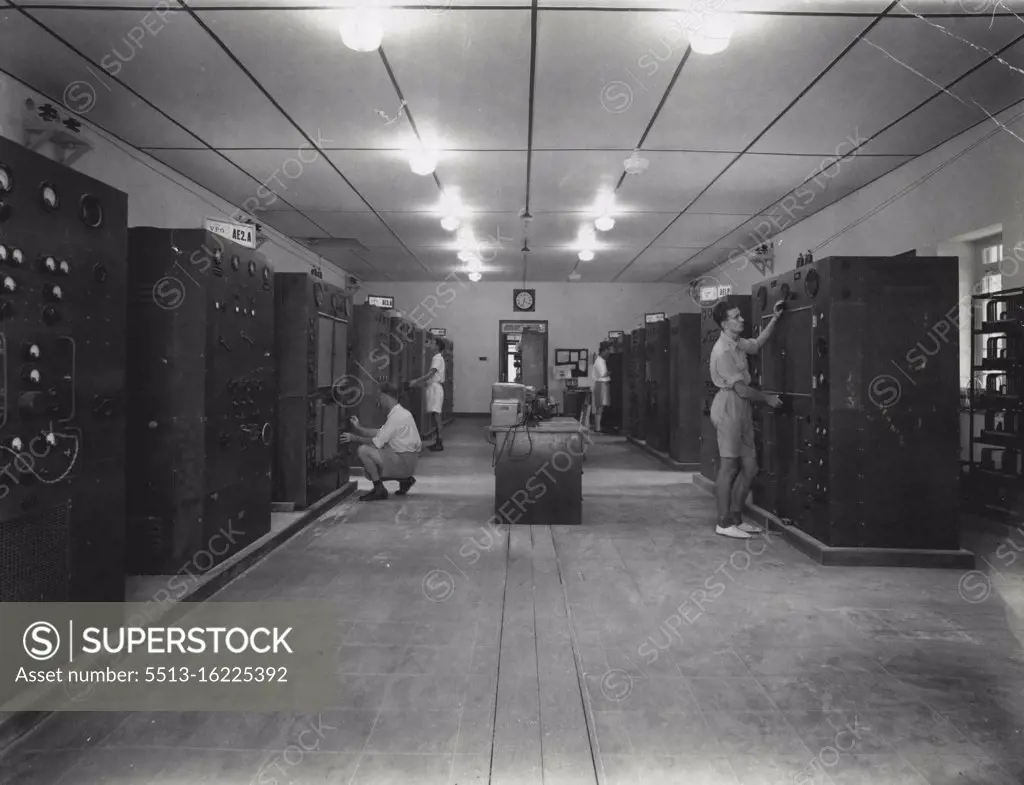 The Transmitting Hall at Station VPO3 Bridgetown, Barbados, B.W.I. This station is owned by Cable & Wireless (W.I.) Ltd. and transmits on 10.605 mc. November 05, 1948.