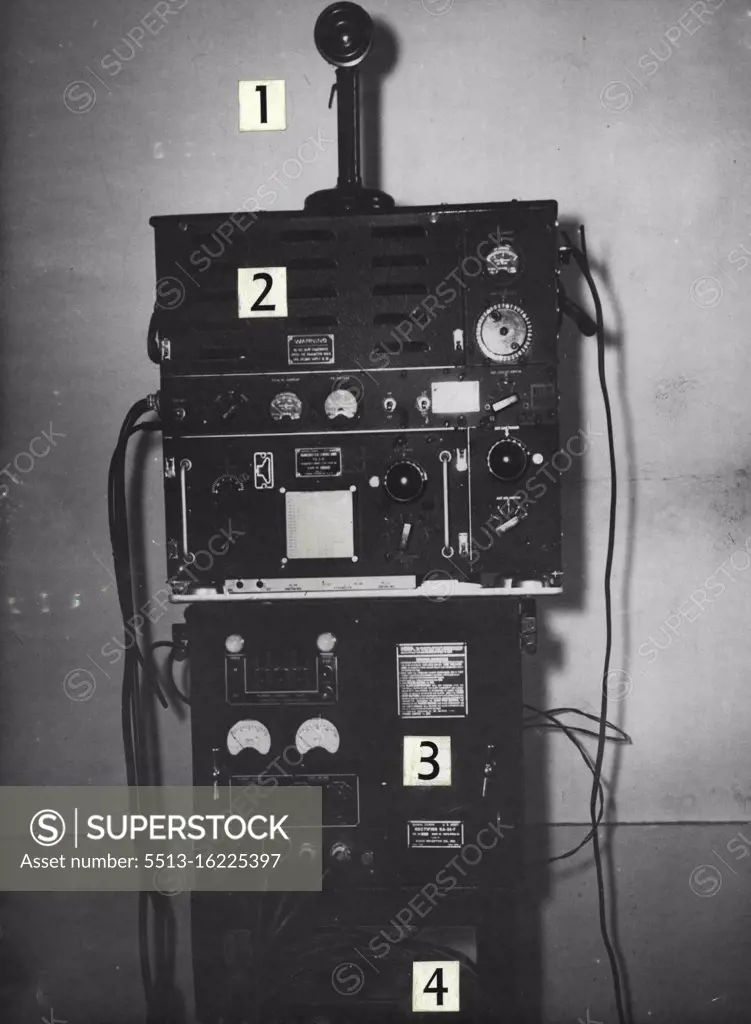 Seized Transmitter. First picture of the radio transmitter seized at Darebin (Vic.) on Wednesday. 1) Microphone, 2) Transmitter, 3) Power Supply, 4), Aerial. May 21, 1948.