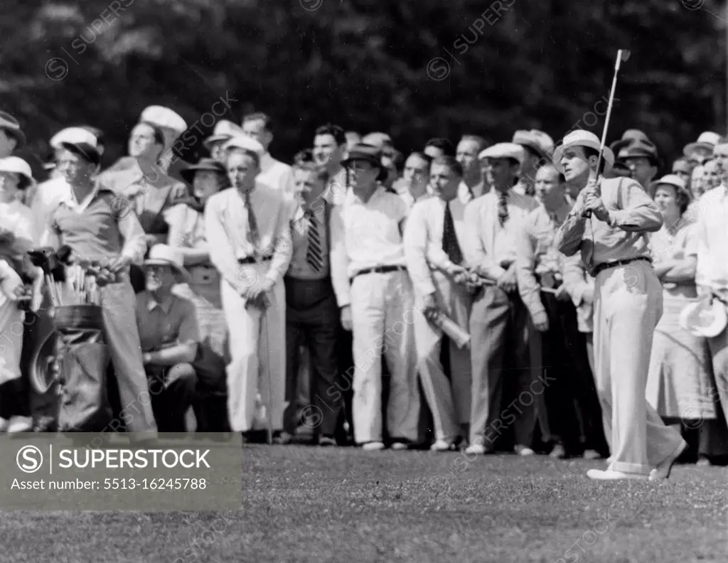 Cooper Leads in Open With 284 -- Lighthorse Harry Cooper, Veteran "pro" from Chicago (Above Driving) finished the national open today with the amazing score of 284 - 4 strokes below par over 72 holes and 2 strokes below the old open record of 286 strokes. June 6, 1936. (Photo by Associated Press Photo)