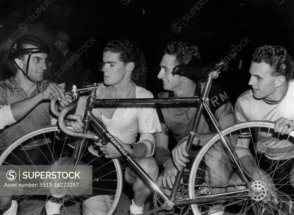 ***** four cyclists are almost certain to represent NSW in the Australian championships ***** Resting between races at Wiley Park last night, left to right, Charlie ***** Australian Olympic and Empire Games representative, John Tressider, Australian 1000 ***** sprint champion, Roy Moore Australian five-mile junior record holder, and Lionel Cox, Australian one-mile champion. January 13, 1952.