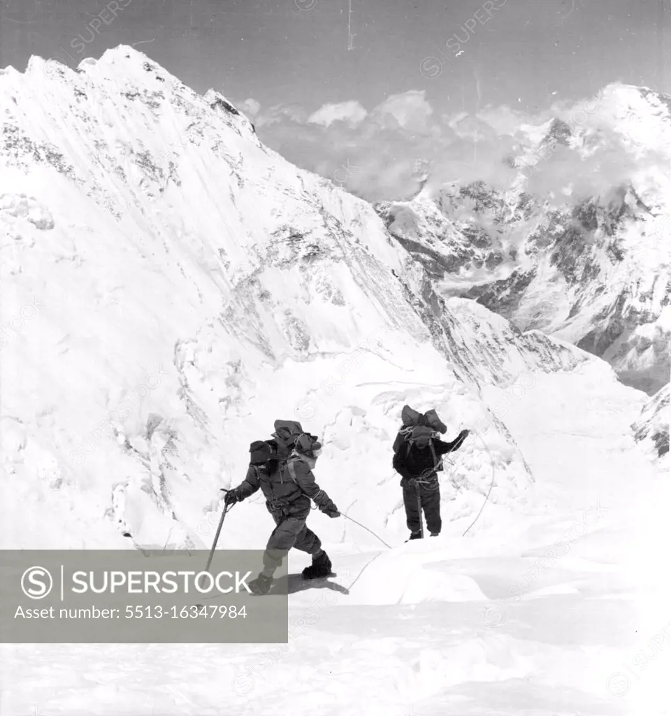 British Everest 1953 Expedition -- Bourdillon and Evans on the approach to the South Col, during their attempt to climb to the summit of Everest of May 26. They climbed to a height of 28,500ft.June 24, 1953.