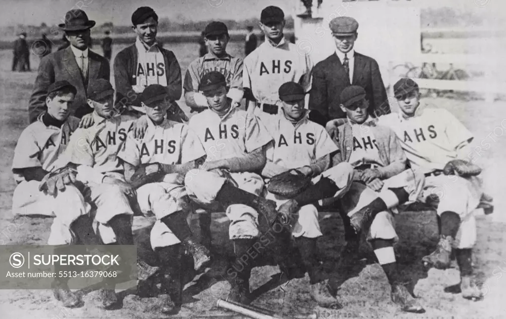 Abilene High School Base Ball Team. General Eisenhower As A Schoolboy -- Aged 17, he lands his school's base ball team: Seated in the centre of the front row, David Dwight ("Ike" to his friends even then) played 'center field' in the Abilene High School baseball team; he led his team in both hitting and fielding, and one summer played centre field for a local semi-professional team. December 13, 1945. (Photo by Pictorial Press).