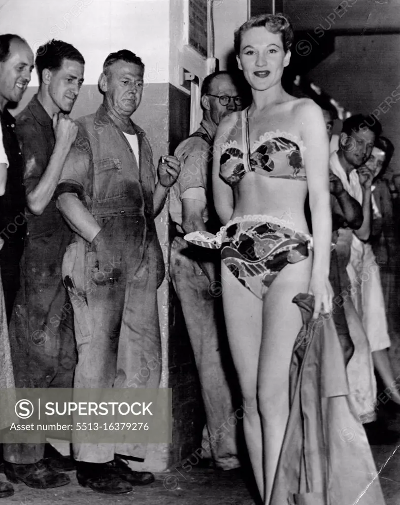 Noni Piper, model French swim suit at a fashion while you work parade held  at ***** food factory today. Fashion by *****. November 17, 1950. -  SuperStock