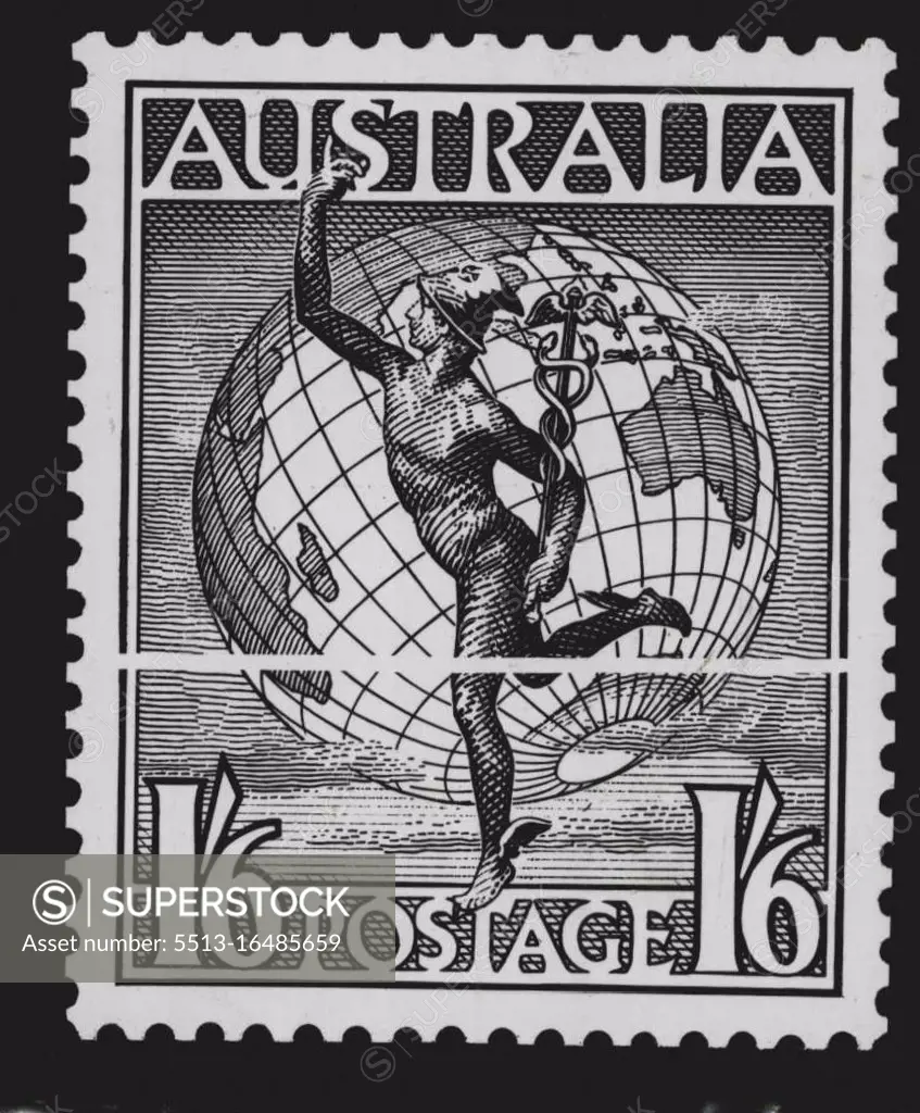 NEW Stamp: The figure of Mercury is set prominently in the design of the new 1/6 stamp which will be on sale at post offices in the commonwealth on September 1. The principal motif will be one glove in stead of two hemispheres as at present. August 9, 1949. 