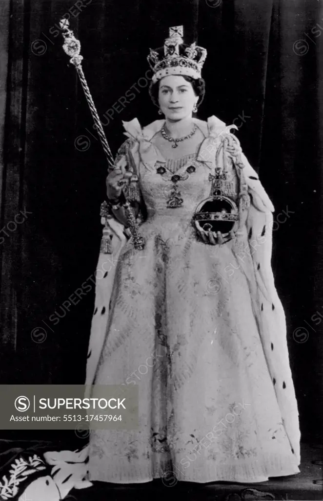 Her Majesty, The Queen -- Queen Elizabeth II wears the Imperial Crown and coronation robes as she poses in the Throne Room of Buckingham Palace yesterday following coronation ceremonies. The young monarch holds the Scepter with Cross in her right hand and the Orb in her left hand. June 03, 1953. (Photo by AP Wirephoto).