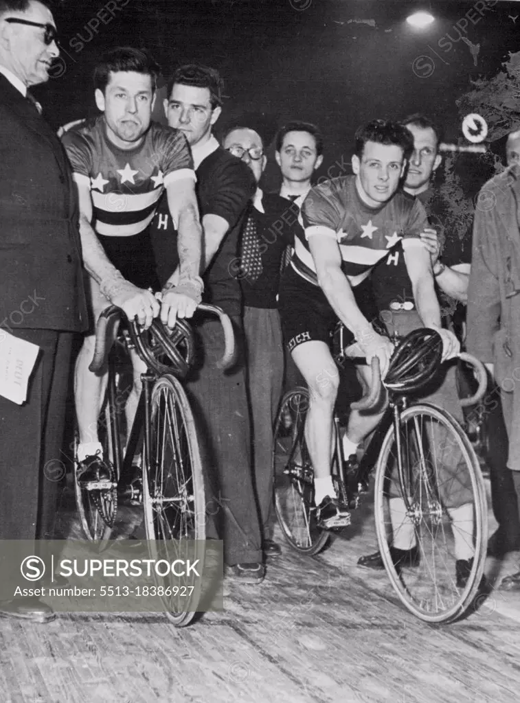 Crack Australian cycling pair, Alf Strom (left) and Roger Arnold, at the start of the recent six day's race in Paris. March 14, 1953. (Photo by Paul Popper Ltd.).