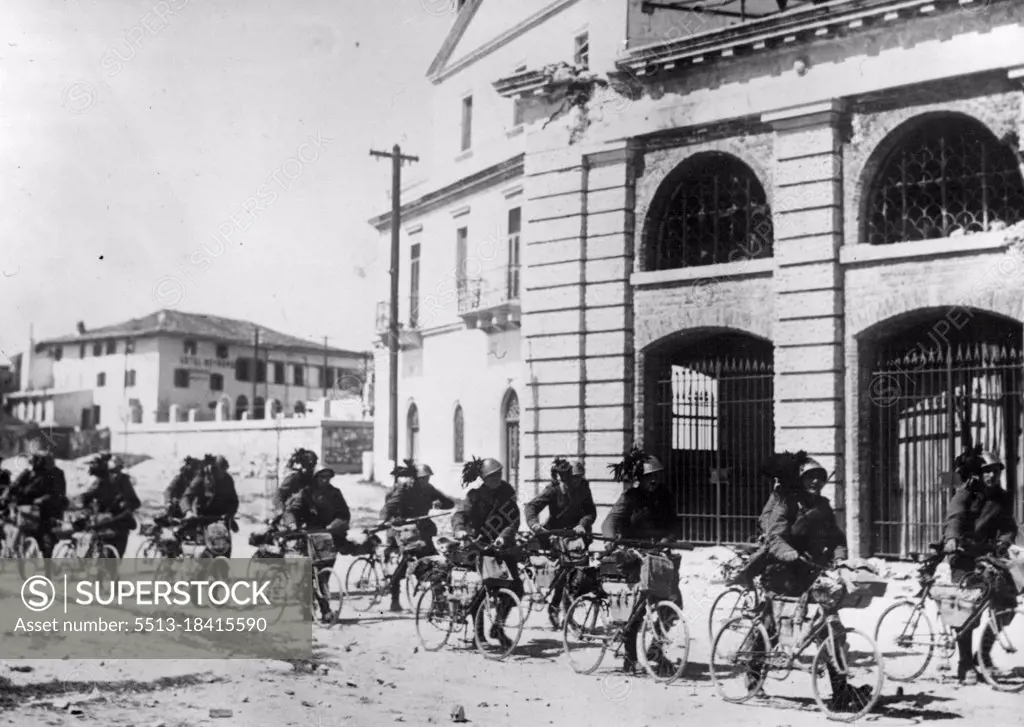 The Italian Occupation Of Albania.Pictures just received of the landing of Italian Troops. Italian cyclist troops marching through Durazzo. April 10, 1939. (Photo by Sport & General Press Agency Limited).