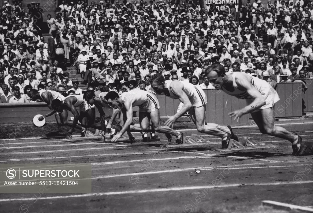 Olympic Games: The start of heat 1 Semi-Finals of the 100 metres, at Wembley, to-day (Sat).Left to Right : H. Ewell (USA), H. Dillard (USA) J. J. Lopez Teste (Uruguay), M.J. Curotta (Australia) J. M. Bartram (Australia), and A. MacCorquodale (Britain). July 31, 1948. (Photo by Reuterphoto).