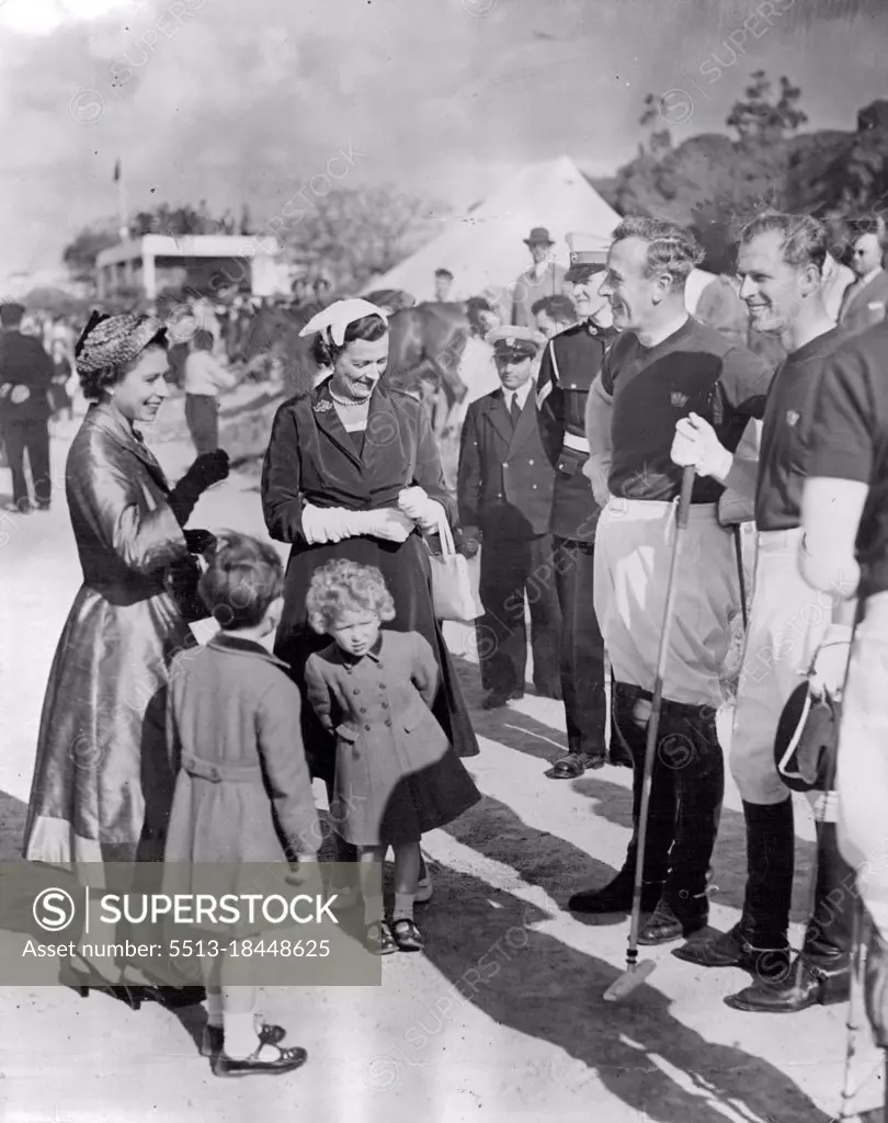 Thrill of the day for Prince Charles and Princess Anne a chat with Daddy and Uncle Dickie (Earl Mountbetten) at the Marsa polo ground, Malta. In the centre is Lady Mountbatten. With the Queen, the children had seen the Duke and Lord Mountbatten playing polo for the Navy against the Army The Navy won 4-2.Polo Match. Homeward bound after his Commonwealth tour with the Queen the Duke of Edinburgh took part in a Navy Army polo match at Malta. Navy won 4-2. Here the Royal children, accompanied by the Queen and Lady Mountbatten, were taken to see their father and Uncle Dickie (Earl Mountbatten) before the match began. Princess Anne seems more interested in something else. May 6, 1954. (Photo by Daily Mirror).