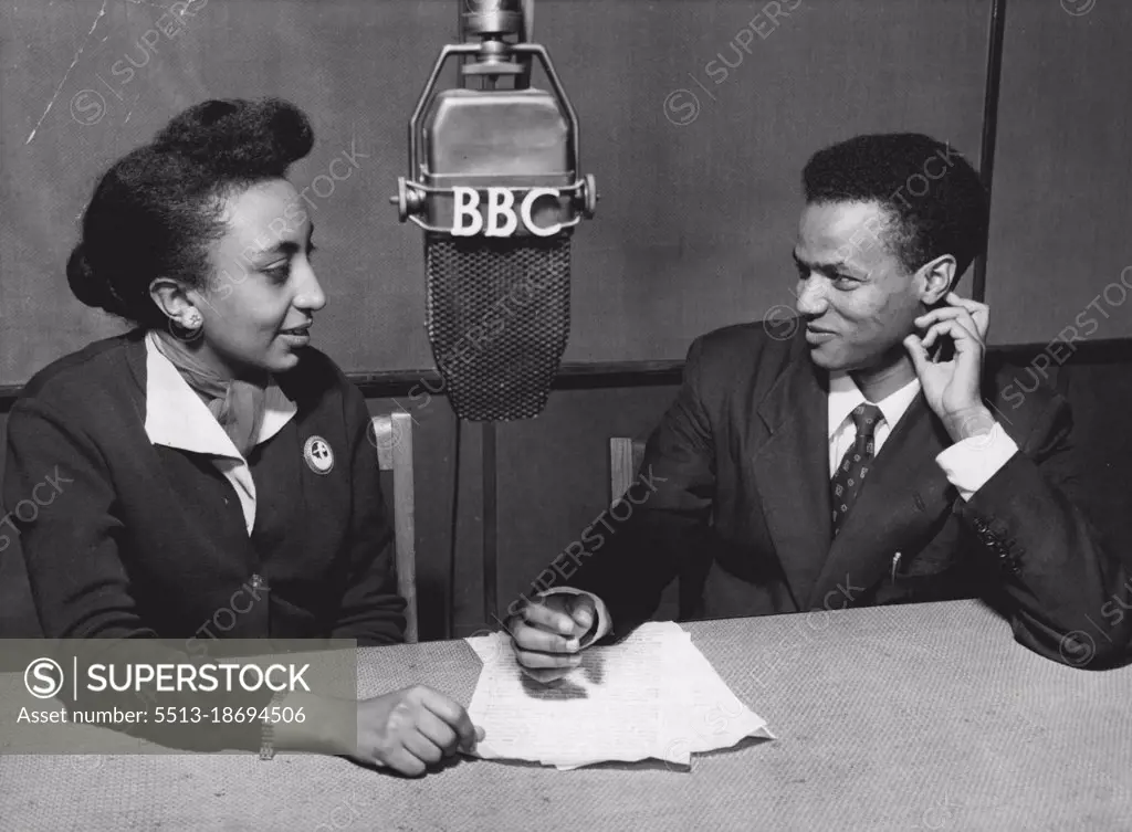 In the BBC studio are Miss Amsale-Mariam Tadesse and Mr. Worku Habte-World. The British Broadcasting Corporation's first broadcast in Amharic was made recently when Miss Amsale - Mariam Tadesse, a young Ethiopian student at London University, broadcast a report on the Emperor's three day State Visit to London. January 01, 1954. 