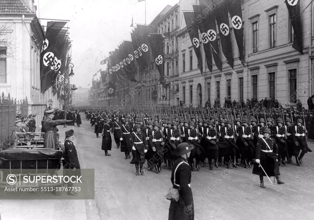 The feast day of the German nation -- The imperial capital on 30 January, the 4th year.Day Machtiubernahme by Adolf Hitler - The parade of Leibstandarte "Adolf Hitler" in district the Leader at the Chancellery in the v