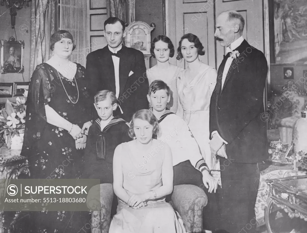 Photo Shows: Royal Family group taken after Engagement was Announced. From Left Standing Princess Helene, Prince Kund, Princesses Alexandrine Louise and  fedora, Prince Harald.Centre, Princes Olaf and Gorm, Brothers of The Bride to be, and in the Chair Princess Caroline Mathilde.First Pictures: Danish Royal Engagement.The Engagement was Announced Yesterday an 27 between H.R.H. Prince Knud, Youngest son of the king and queen of Denmark, and his cousin, Princess Caroline Mathilde of Denmark, Daughter of Prince Harald and Princess Mathilde. Prince Knud who is 32, is a first Lieutenant in the Danish Navv. His Bride to Be is 20.PS: Royal family group taken after the engagement was announced. From left standing Princess Helen, Price Knud, Princesses Alexandrine Louise and Fedd Ra, Prince Harald. Center Princes Olaf and Gorm, brothers of the bride to be, and in the chair Princess Caroline Mathilde. March 13, 1933.  (Photo by The  Associated Press).