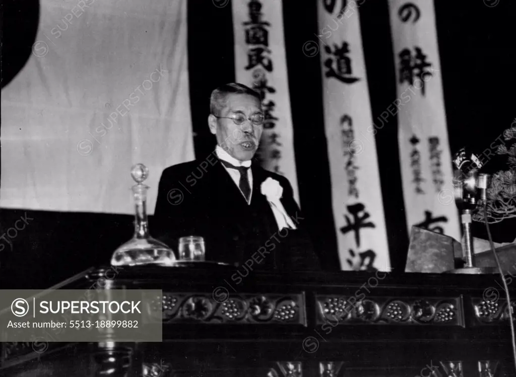 Premier Baron Kiichiro Hiranuma, is seen at the platform of the Hibiya Public Hall, Hibiya Park, this afternoon, as making an address on the Japanese subjects' virtue. February 5, 1939. (Photo by The Domei News Photos Service).