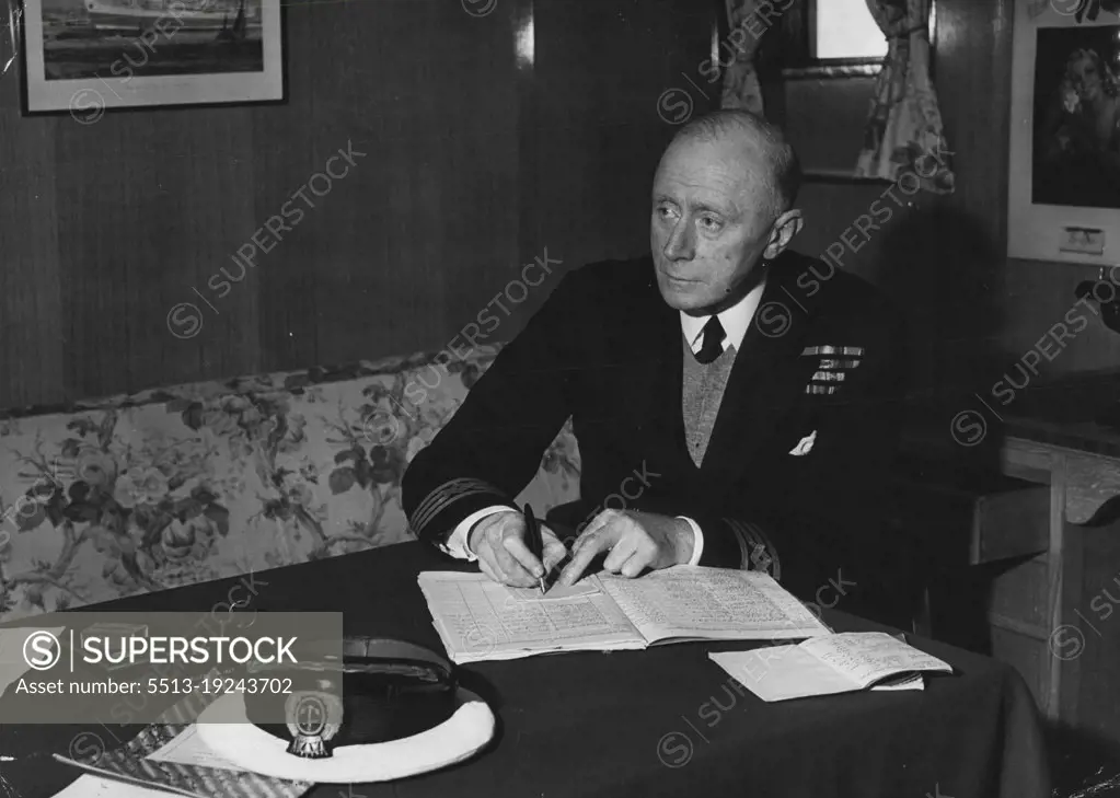 Chintz covers and curtains brighten the captain's sitting-room, where he writes up ship's log. April 01, 1949.