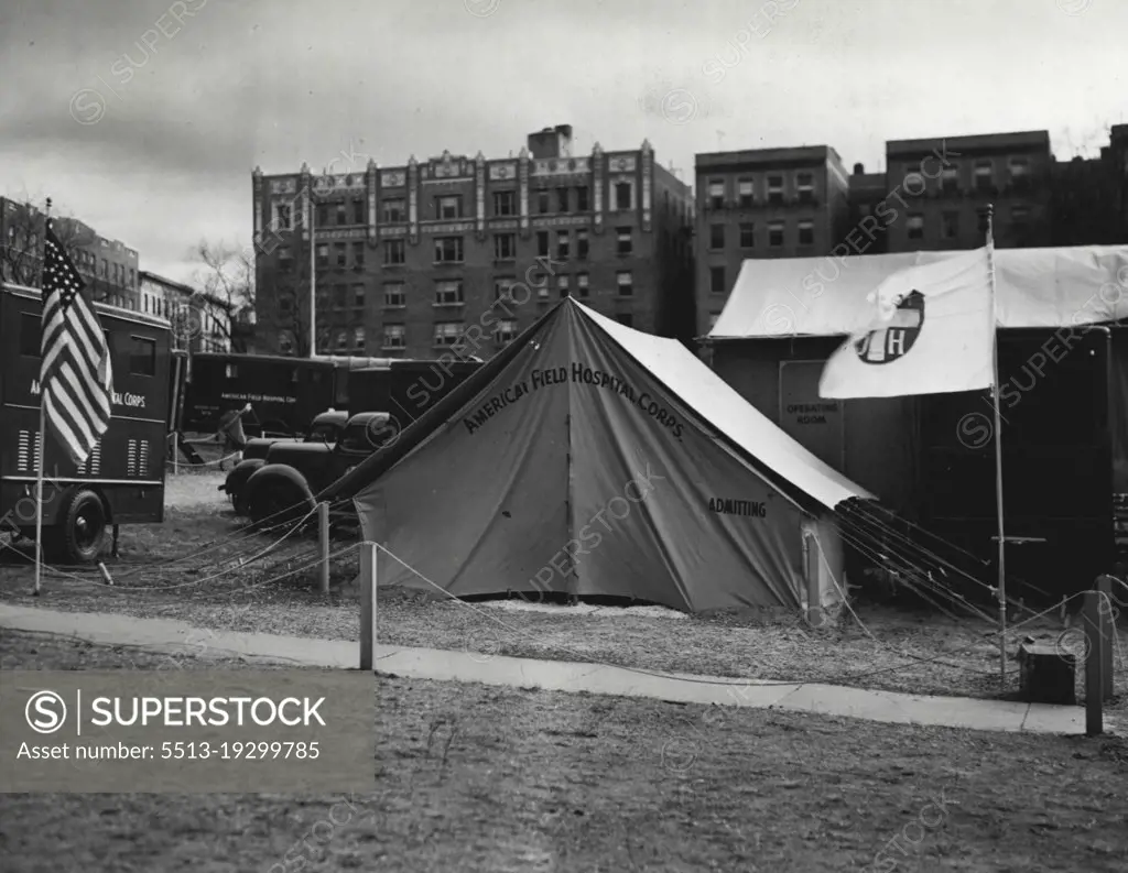Field Hospital To Be Sent To England -- The admission tent and operation unit, two of the 41 separate units composing the hospital.The American field hospital crops mobile field hospital, the largest and most complete hospital for civilian formally turned over to Great Britain on Nov. 8th, is no display at the Presbyterian hospital grounds, New York City. March 5, 1941. (Photo by ACME).