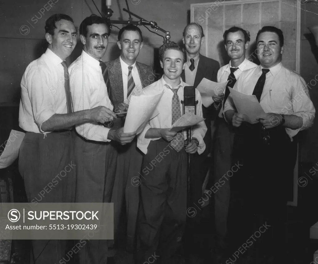 Cast of Biggles at the recording of the 1000th episode of the popular serial. From left: Frank Waters, Walter Sullivan (Bertie), Leonard Bullen, John Ewart, James Mills (Biggles), Max Osbiston and Kevin Brennan. Serial produced the AWA Studios by J. Colin Craigen is heard nightly on 2CH at 6.0. May 01, 1953. (Photo by Gervaise Purcell ).