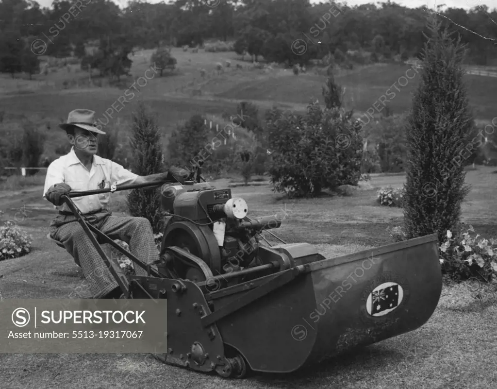 They have acres of lawns and gardens at Prince's Farm. This machine mows them. November 12, 1952.