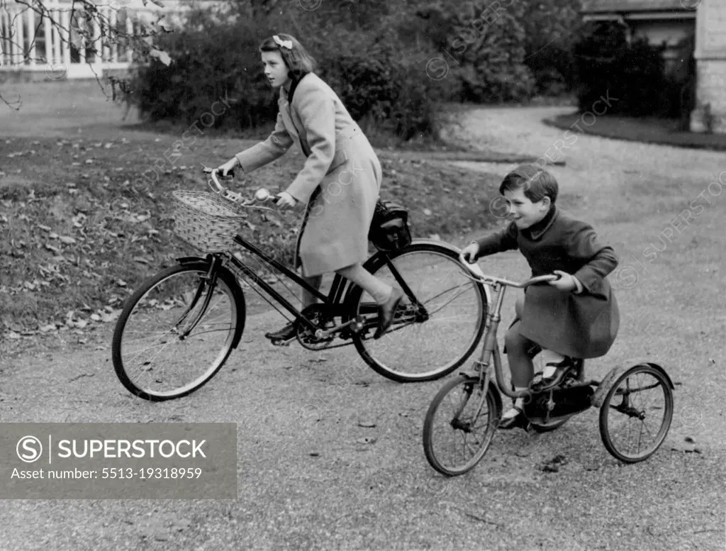 Duchess Of Kent's Children at Home -- Princess Alexandra (right) photographed with Prince Michael in the Grounds of Coppins with their cycles.Two of the children of the Duchess of Kent were photographed at their home at "Coppins" at Iver, Buckingham. Princess Alexandra is to be one of the Bridesmaids, and Prince Michael an attendant Page, and Forthcoming marriage of Princess Elizabeth to Lieutenant Philip Mountbatten, which takes place in Westminsster abbey, London on 20th November. October 31, 1947.