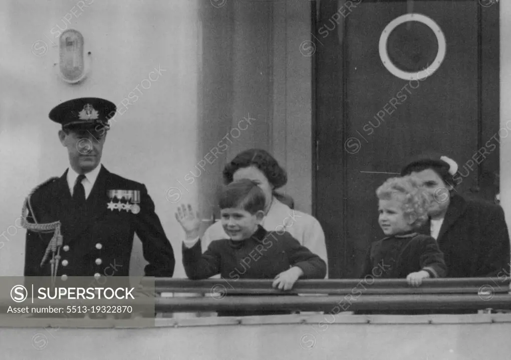 A Royal Wave -- A close-up of the young travelers waving to The Queen Mother and Princess Margaret, who were at Portsmouth to see them off, from aboard the "Britannia".Two excited children T.R.H. Prince Charles and Princess Anne today boarded the Royal yacht at "Britannia" at Portsmouth. The children are sailing to Tobruk a journey of 2800 miles to join their parents H.M. The Queen and H.R.H. The Duke of Edinburgh. This, the Royal children have been out of this country. April 14, 1954. (Photo by Fox Photos).