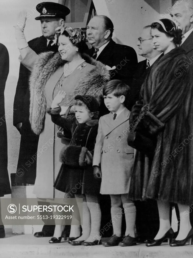 The Princess Is Home -- Waiting for H.R.H. Princess Margaret to land at London Airport are H.M. Queen Elizabeth the Queen Mother bending down to speak to Princess Anne: H.R.H. Prince Charles and H.M. The Queen.H.R.H. Princess Margaret arrived home today from her highly successful Caribbean Tour. H.M. The Queen, H.R.H. The Duke of Edinburgh, The Queen Mother and The Royal Children were at London Airport to greet her. March 03, 1955. (Photo by Fox Photos).