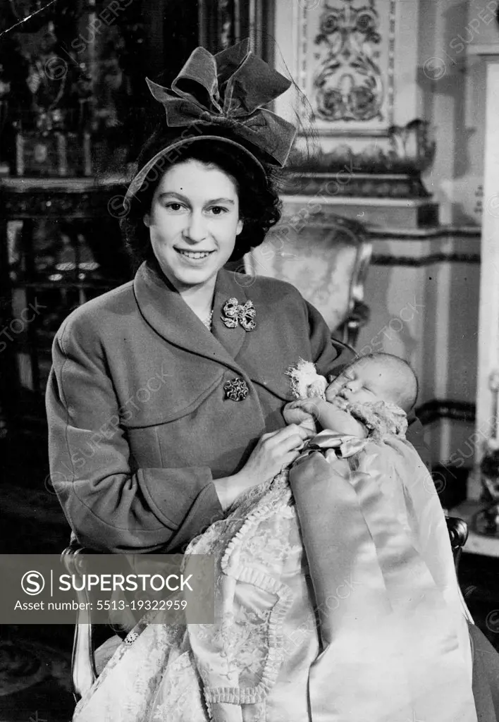 Baby Prince Christened At Buckingham Palace :A happy picture of Princess Elizabeth and her infant son Prince Charles taken in Buckingham Palace after the Christening ceremony today.Prince Charles, as Princess Elizabeth's son will be known to the nation, was christened Charles Philip Arthur George in a ceremony at Buckingham Palace, London this afternoon (Wednesday) when Dr. Fisher, Archbishop of Canterbury officiated Prince Charles's sponsors were: The King, Queen Mary, Princess Margaret, King Haakon of Norway, Prince George of Greece, the Dowager Marchioness of Milford Haven, Lady Brabourne and the Hon. David Bowes-Lyon. December 15, 1948. (Photo by Reuterphoto).