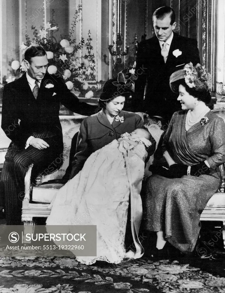 Royal Baby Christened At Buckingham Palace : First Picture of Princess Elizabeth With Son.The first picture of the baby Prince Charles - and the King since his illness - taken at Buckingham Palace. The King is seen seated at left with the Duke of Edinburgh (Standing) Princess Elizabeth (holding baby Prince Charles) and the Queen Elizabeth. All are admiring the young Prince.Prince Charles, baby son of Princess Elizabeth and the Duke of Edinburgh was christened at Buckingham Palace, the Archbishop of Canterbury Dr Geoffrey Fisher, officiating.The baby was named Charles Philip Arthur George and will be known as Prince Charles of Edinburgh. December 15, 1948.