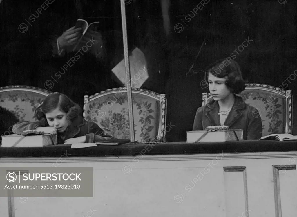 Princesses At National Pony Show -- Princess Elizabeth and Princess Margaret Rose intently watching the jumping.Princess Elizabeth and Princess Margaret Rose visited the National Pony Show at the Royal Agricultural Hall, Islington, London. March 03, 1939.