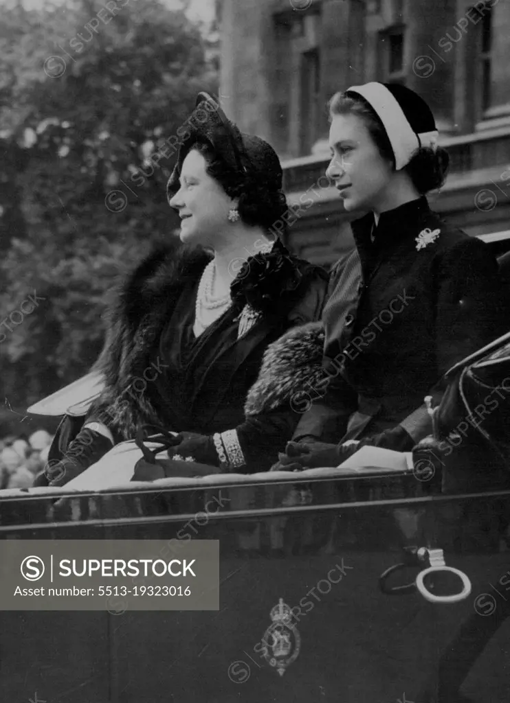 Queen Mother and Princess Leave For Trooping Ceremony.The Queen Mother Elizabeth and Princess Margaret are driven in an open carriage from Buckingham Palace to Horse Guards Parade, where they will see the Queen taking the salute at the Trooping the Colour Ceremony to-day the Queen's official birthday. June 05, 1952. (Photo by Planet News Ltd.).